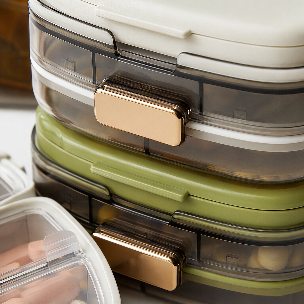 The ten-compartment medicine box is transparent with golden fasteners and comes with a white and green double lid, containing multi-colored tablets Application Scenario