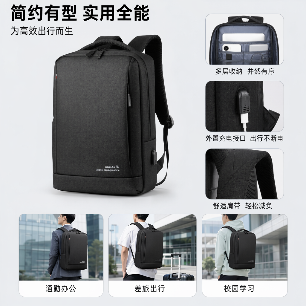 黑色双肩包轻便大容量学生通勤旅行背包