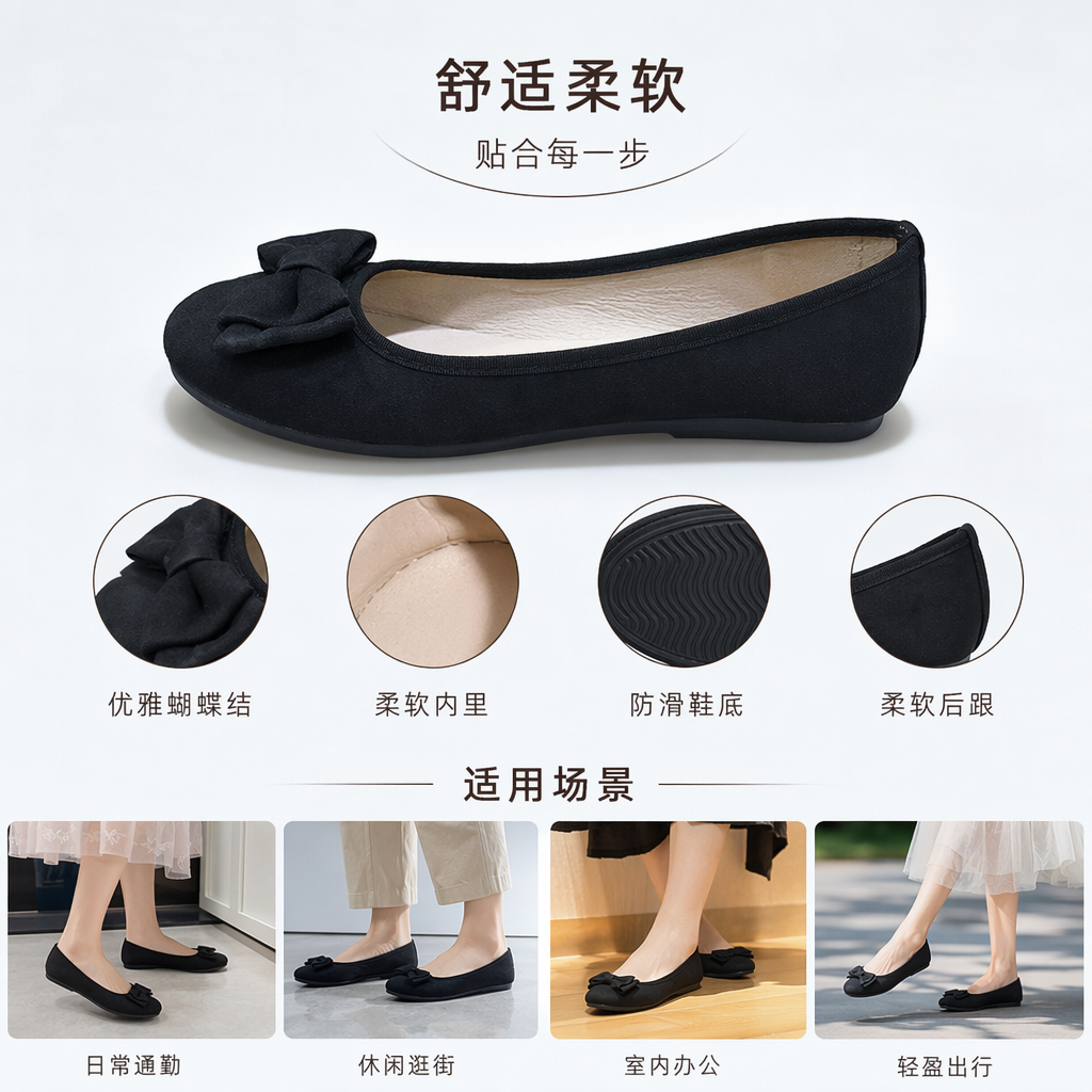 黑色蝴蝶结平底鞋女休闲百搭软底防滑舒适单鞋
