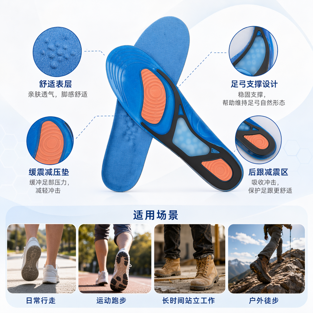 Blue breathable and deodorizing insoles, suitable for both men and women, are comfortable, shock-absorbing, sweat-absorbing and provide arch support full image