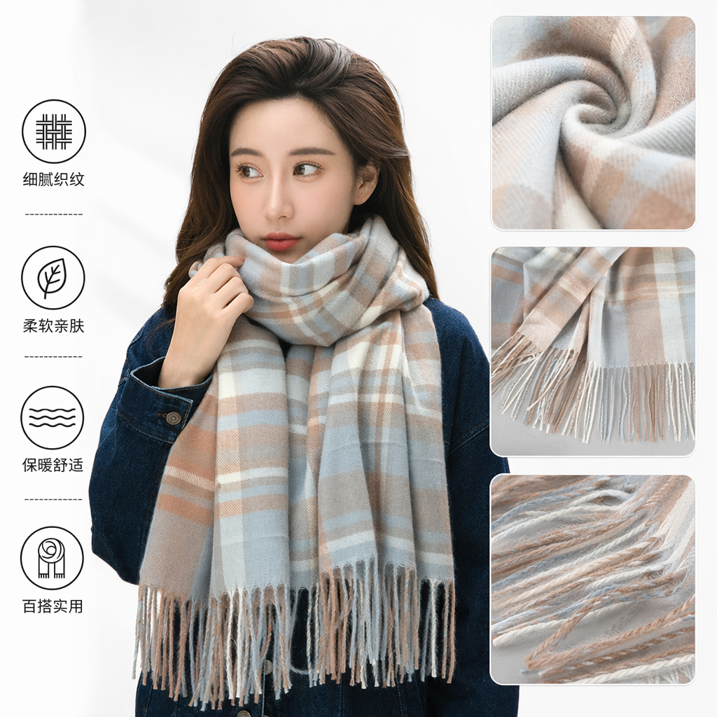 A checked scarf for women paired with a blue coat as a warm and fashionable accessory for autumn and winter full image