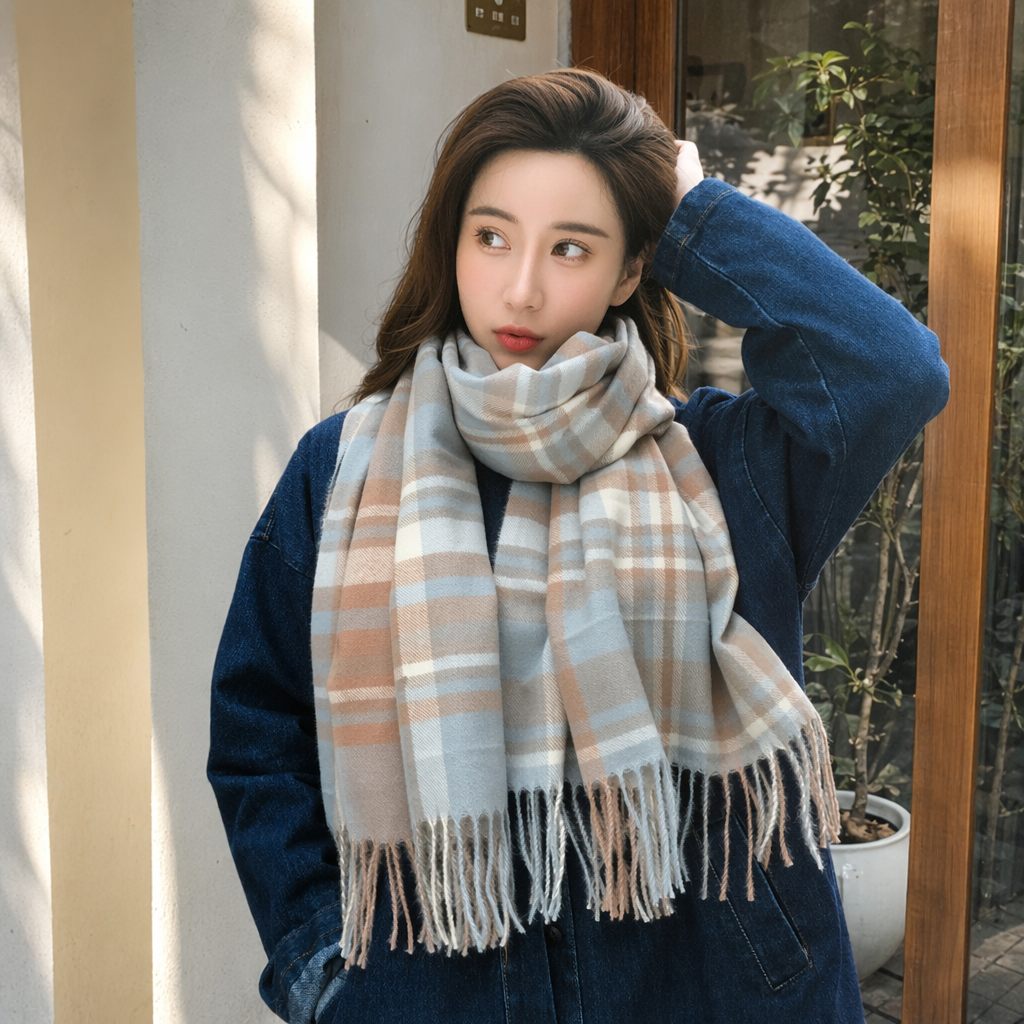 A checked scarf for women paired with a blue coat as a warm and fashionable accessory for autumn and winter details Picture