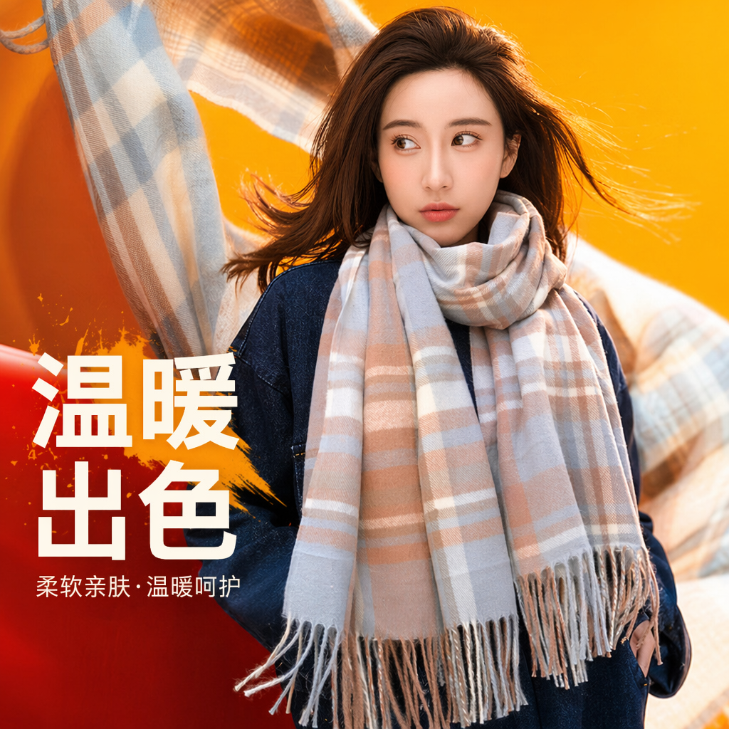 A checked scarf for women paired with a blue coat as a warm and fashionable accessory for autumn and winter Specification image
