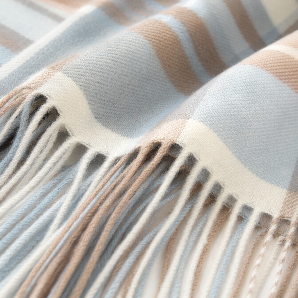 A checked scarf for women paired with a blue coat as a warm and fashionable accessory for autumn and winter Application Scenario