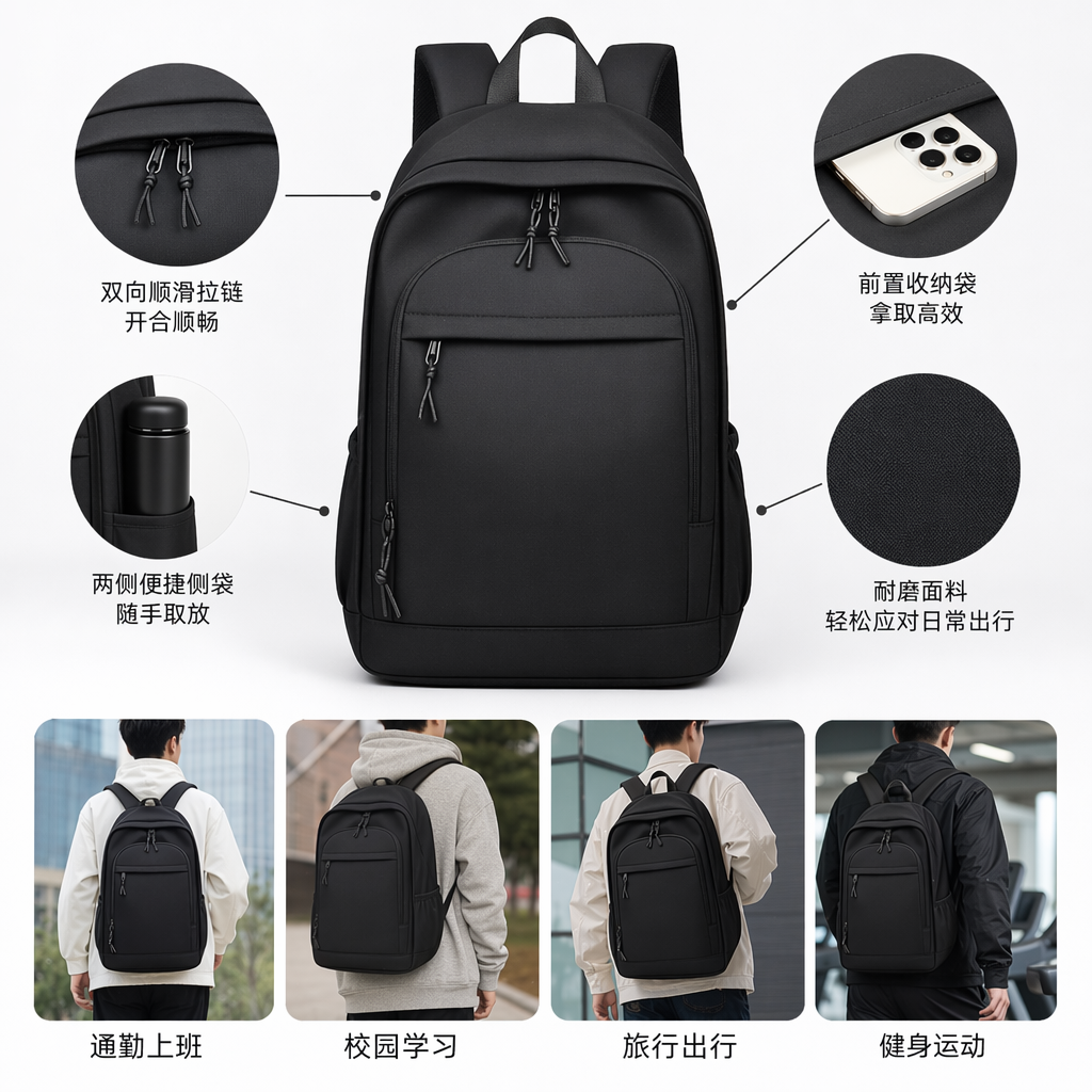 黑色双肩包大容量轻便学生通勤旅行背包