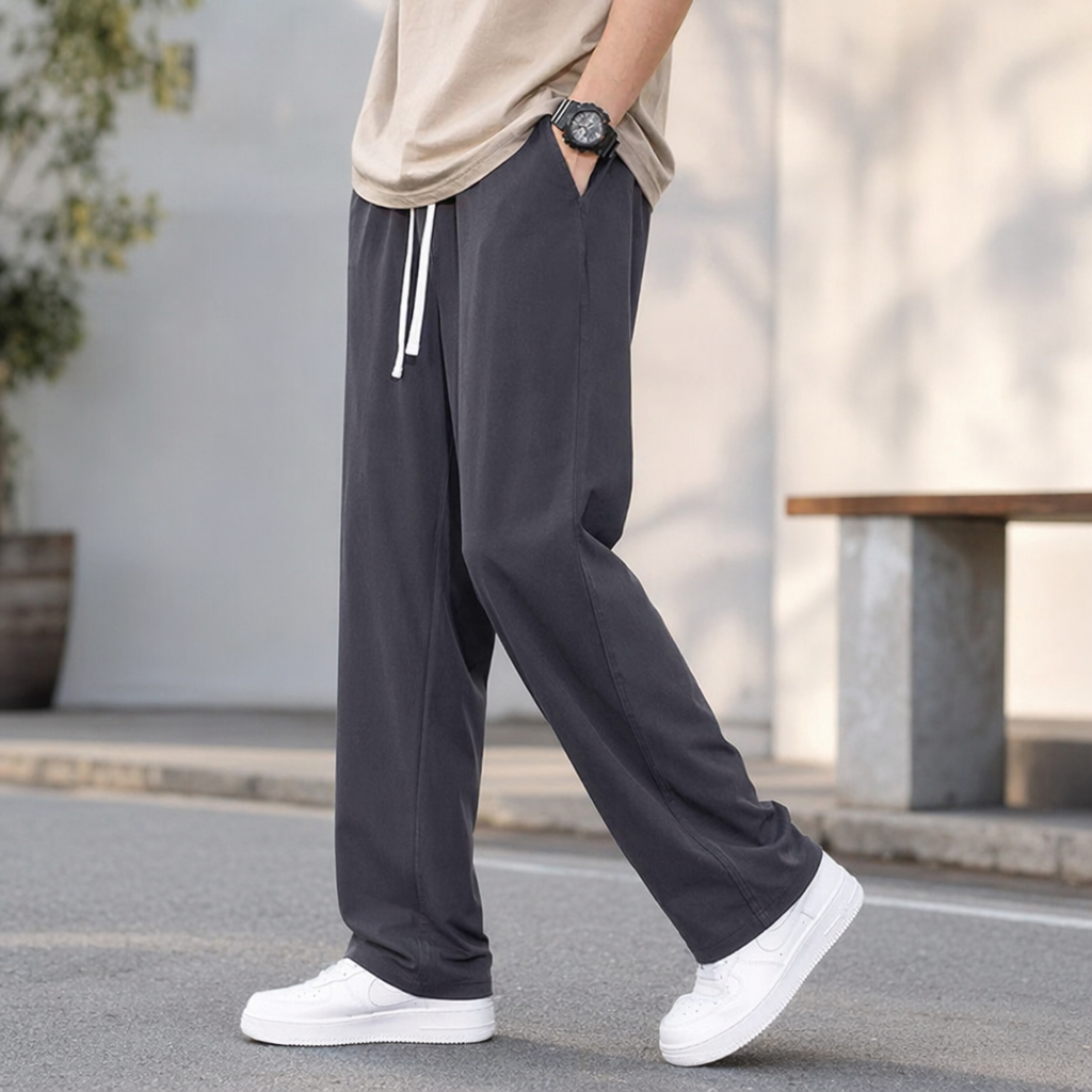 Grey casual pants with figure prints, loose straight-leg men's pants details Picture