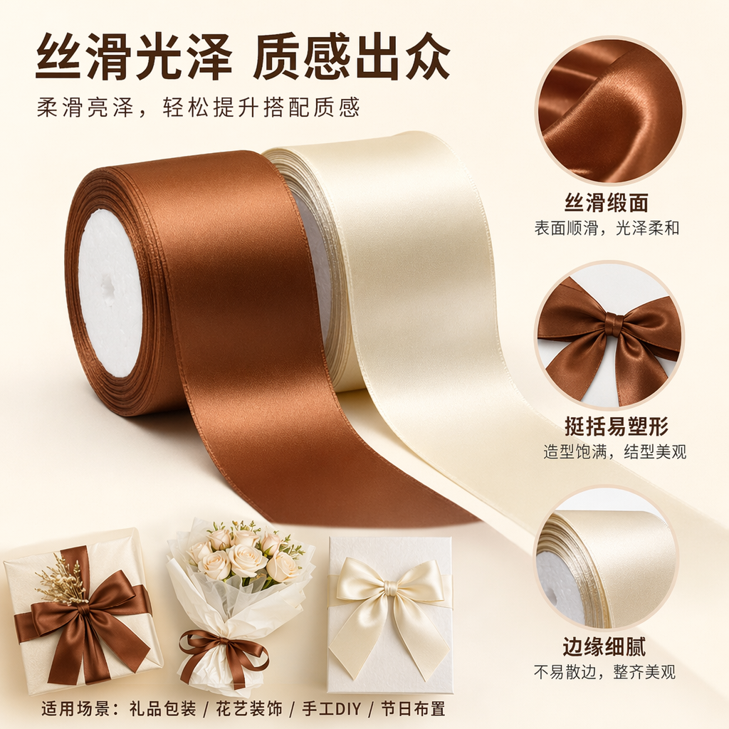 Brown and off-white silk ribbon rolls, 1.5 cm wide and 10 meters long, for clothing packaging and decoration