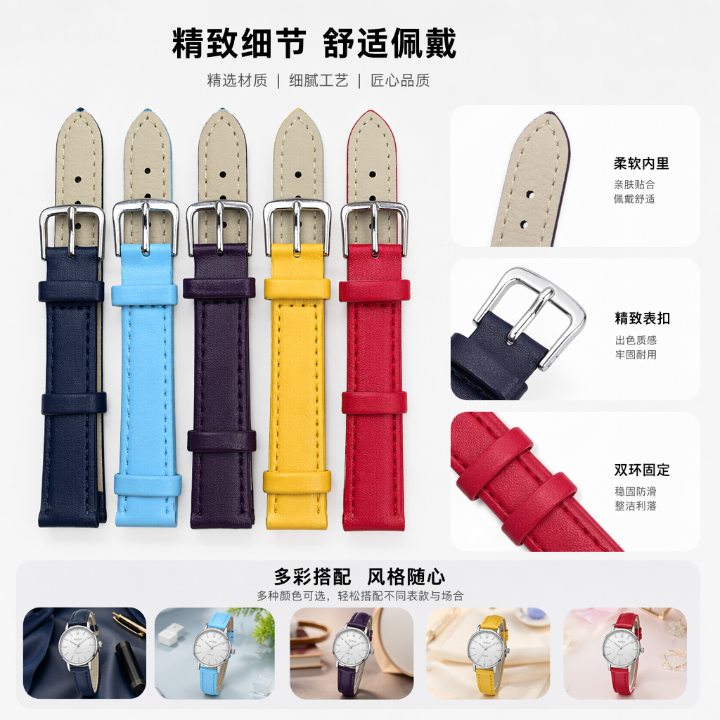 彩色皮质表带 适配多种品牌手表 可调节真皮表带
