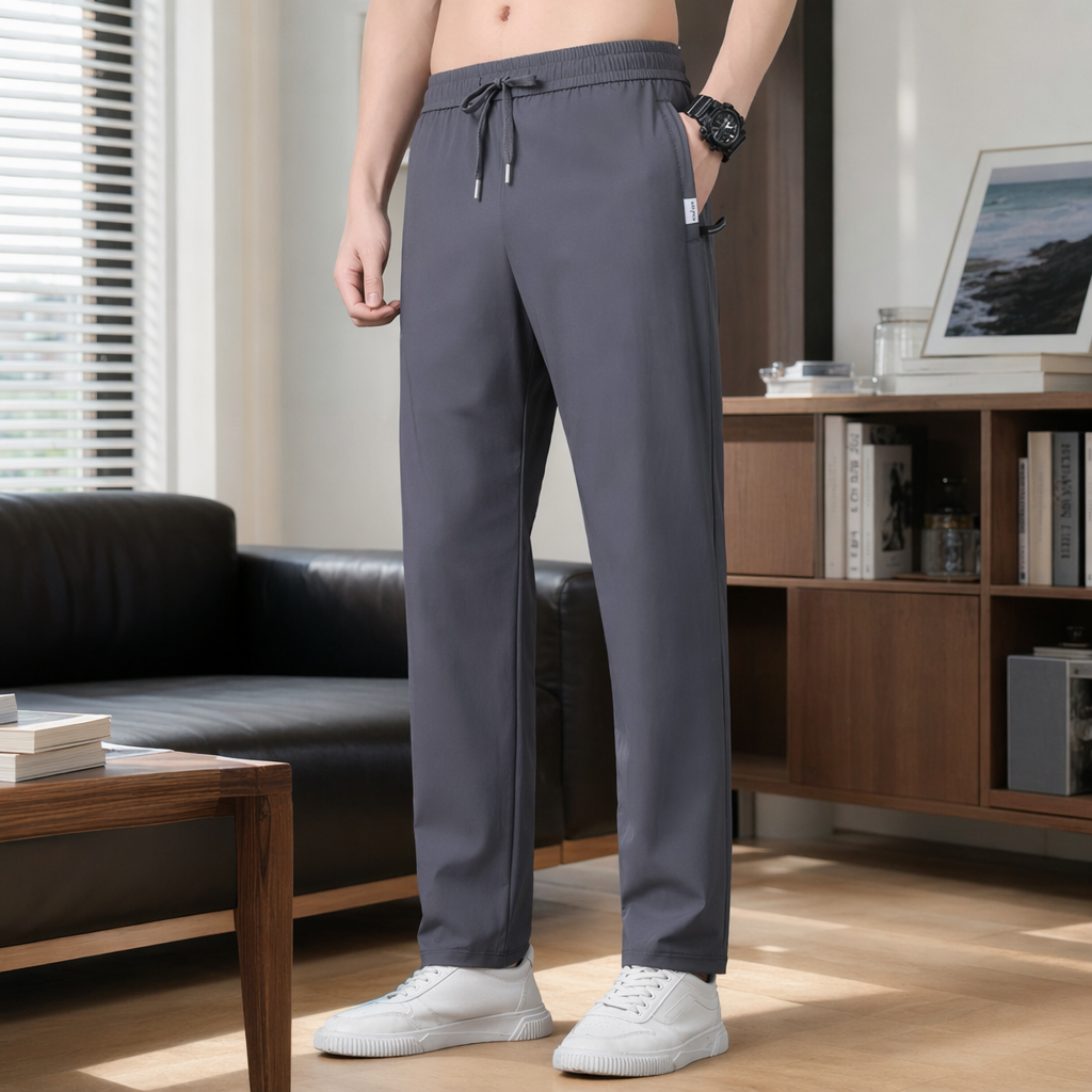 Grey sportswear for men, casual, loose, tapered, drawstring, cotton, breathable and comfortable details Picture