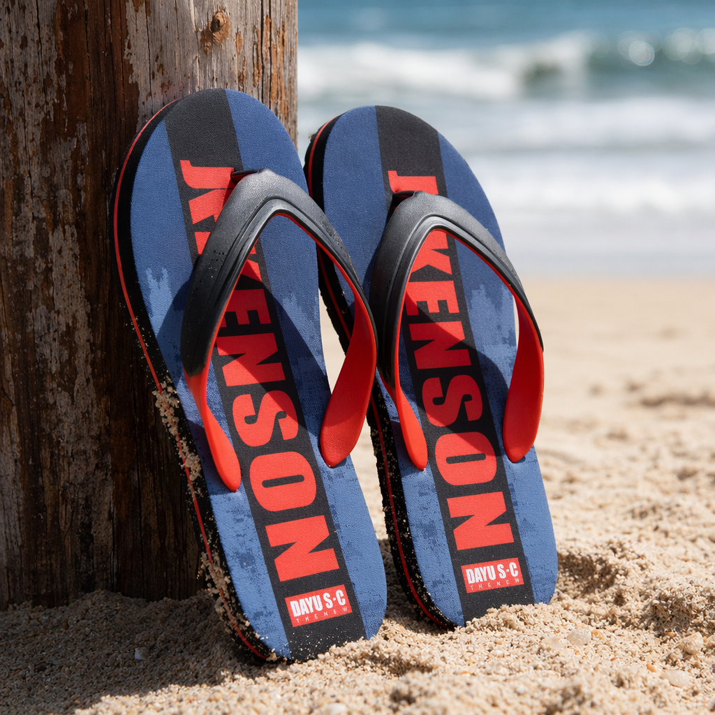 Blue, black and red contrasting chevron slippers, unisex comfortable and anti-slip casual beach shoes details Picture