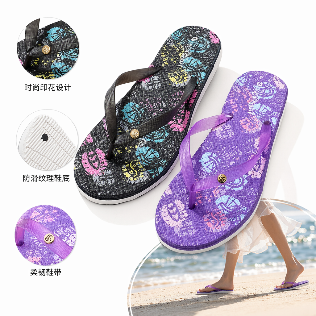 彩色印花人字拖 女款夏季防滑舒适沙滩凉拖