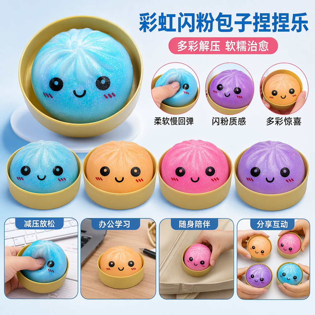 彩色Squishy Bun减压玩具套装 蓝橙粉紫四色闪光包子笑脸造型 金色圆形容器装