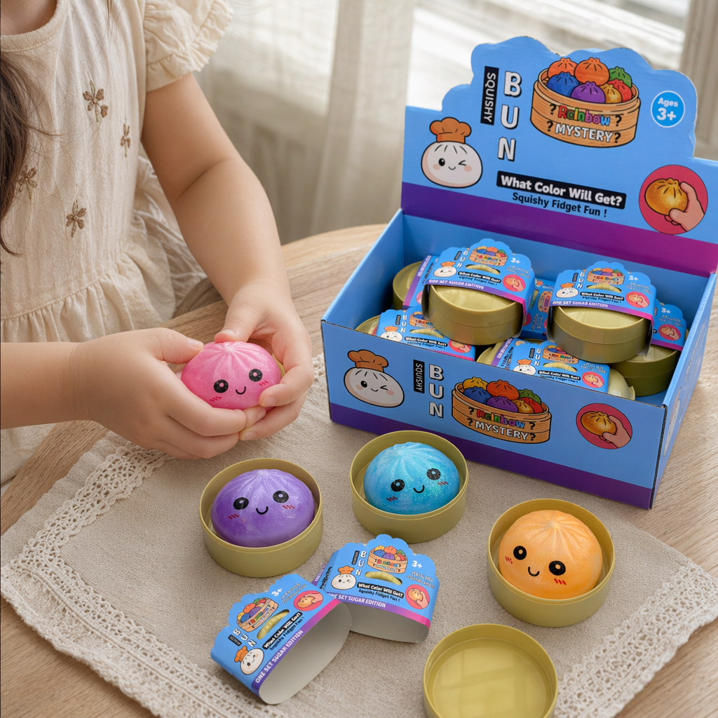 Colorful Squishy Bun stress-relieving toy set: blue, orange, pink and purple four-color glittering buns, smiling face shape, golden round container details Picture