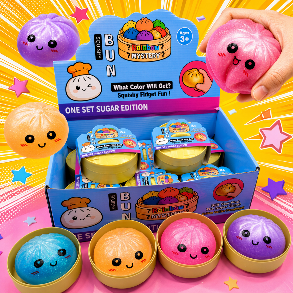 Colorful Squishy Bun stress-relieving toy set: blue, orange, pink and purple four-color glittering buns, smiling face shape, golden round container Specification image