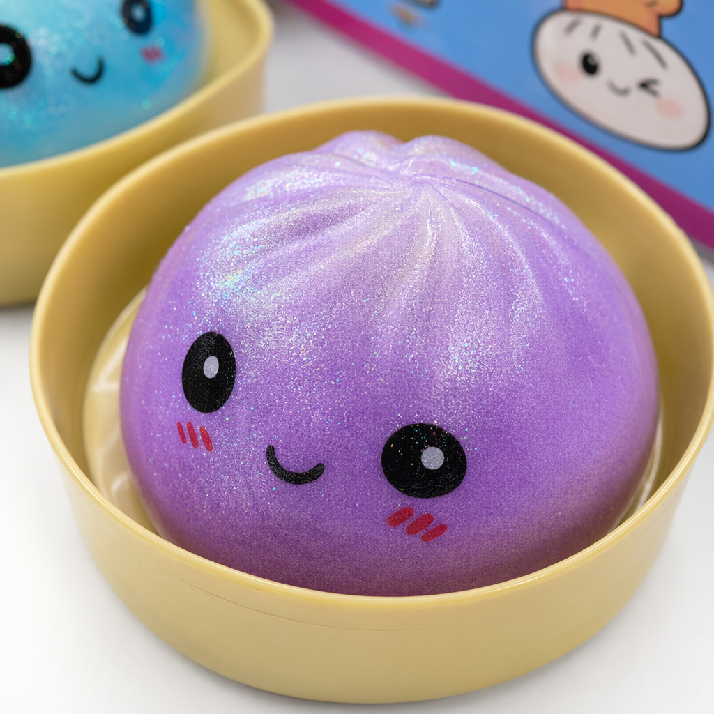 Colorful Squishy Bun stress-relieving toy set: blue, orange, pink and purple four-color glittering buns, smiling face shape, golden round container Application Scenario