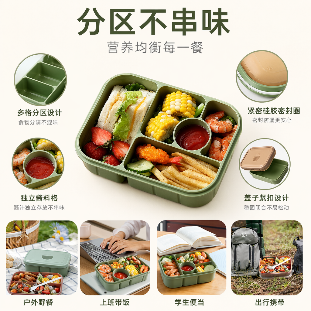 Pink compartments lunch box and green compartments lunch box portable eco-friendly PP material lunch box with lid