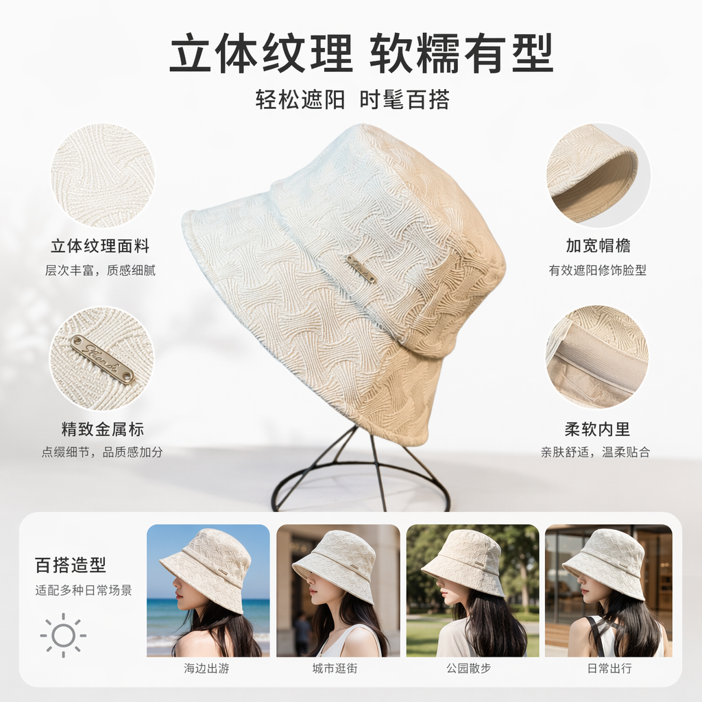 The off-white textured fisherman's hat is casual and versatile, providing sun protection and shade for both men and women full image