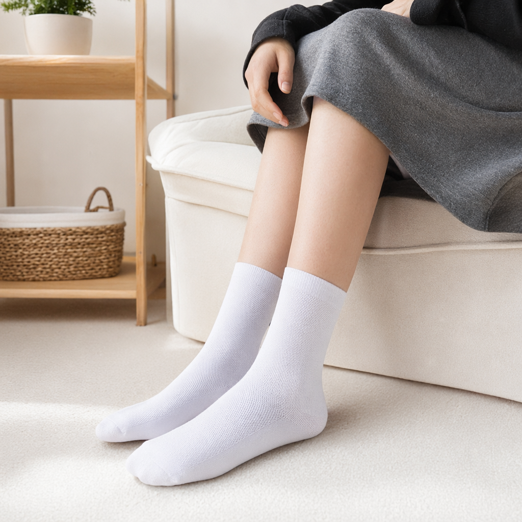 White mesh breathable summer thin mid-calf socks for both men and women, made of pure cotton, sweat-absorbing and anti-slip details Picture