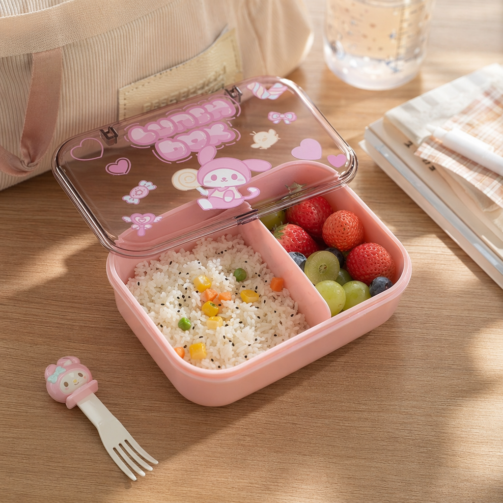 Pink cartoon children's lunch box, portable sealed lunch box, cute and girlish lunch box details Picture