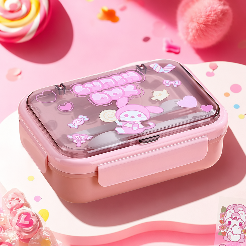 Pink cartoon children's lunch box, portable sealed lunch box, cute and girlish lunch box Specification image