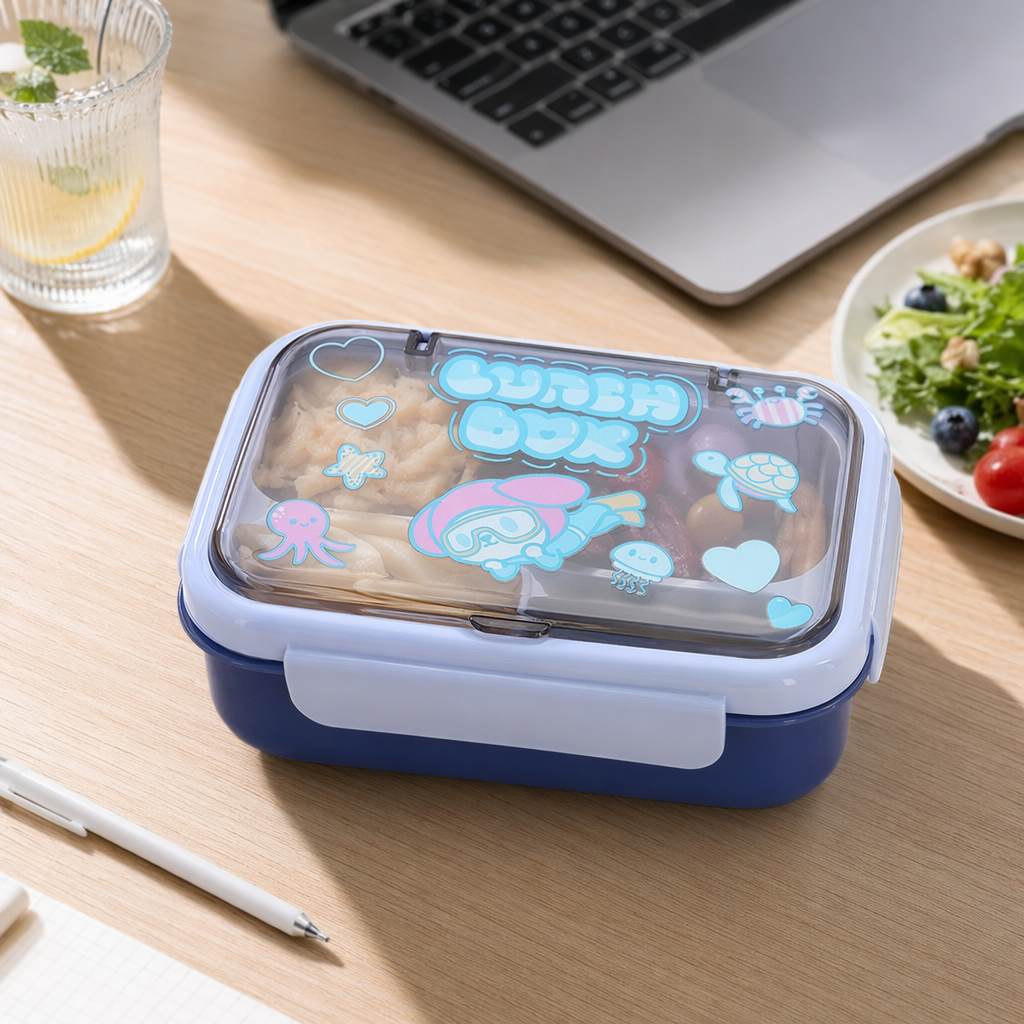 The blue cartoon lunch box with a transparent lid details Picture