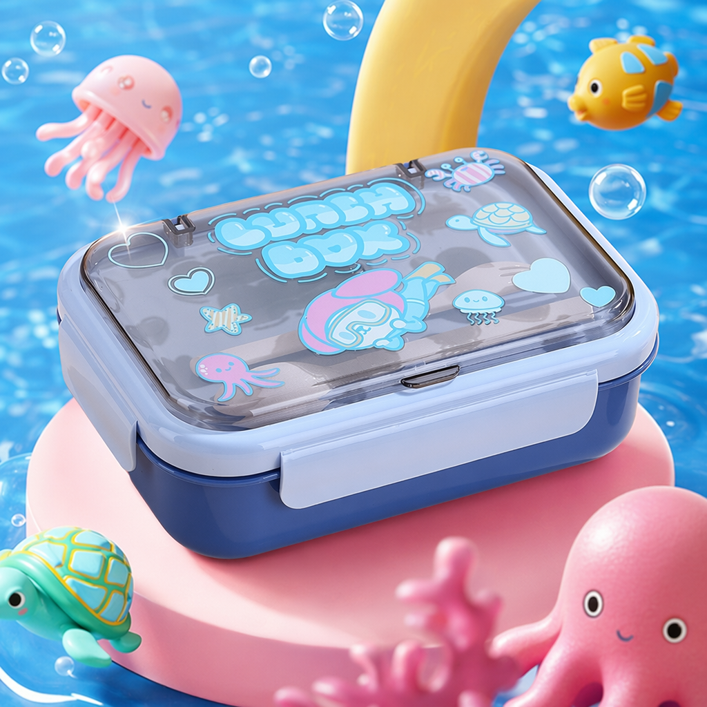 The blue cartoon lunch box with a transparent lid Specification image