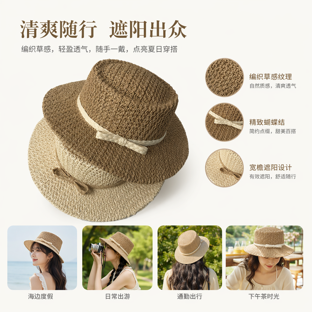 Beige woven straw hat with a light-colored bow ribbon
