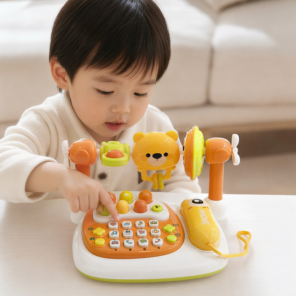 Yellow cartoon phone toy, a children's intelligence and early education voice interaction toy details Picture