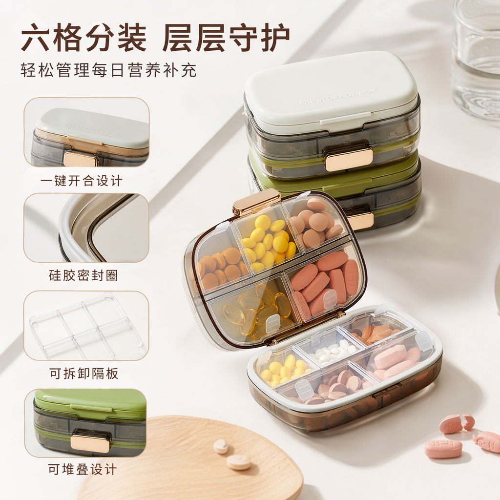 The ten-compartment medicine box is transparent with golden fasteners, containing multi-colored tablets stacked in white and green, of the same style
