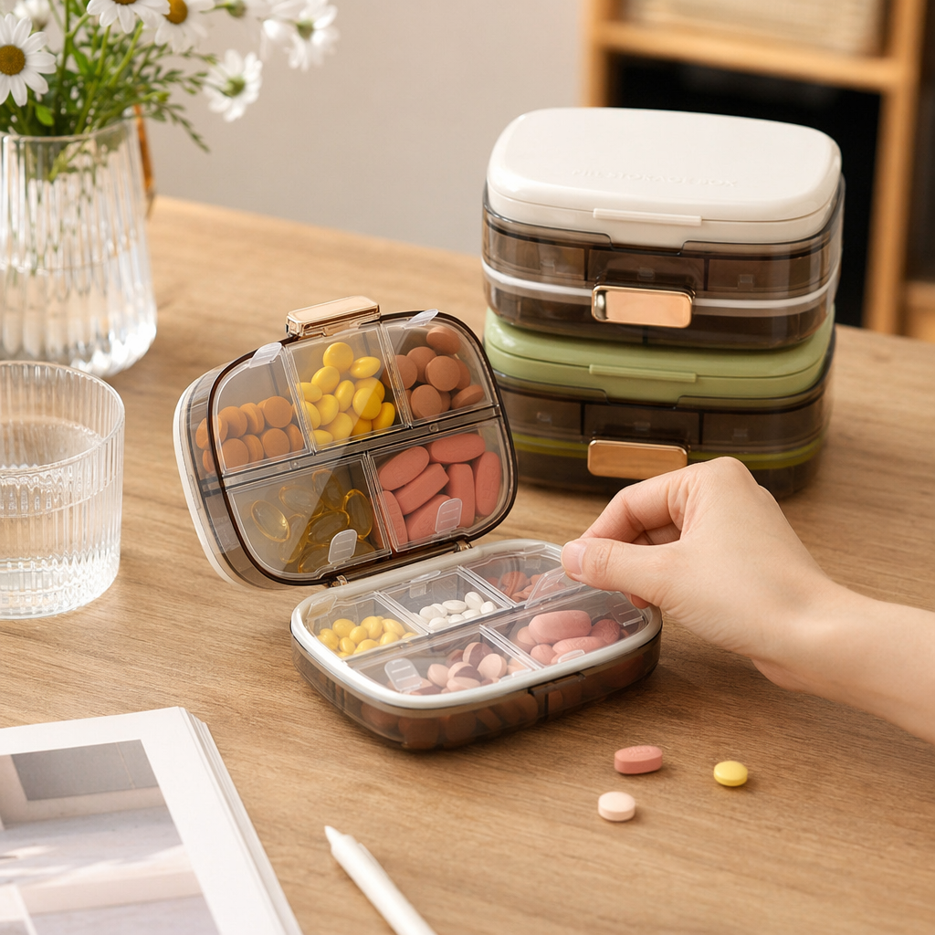 The ten-compartment medicine box is transparent with golden fasteners, containing multi-colored tablets stacked in white and green, of the same style details Picture
