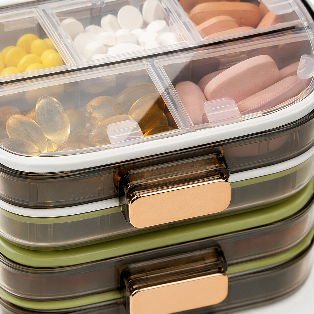 The ten-compartment medicine box is transparent with golden fasteners, containing multi-colored tablets stacked in white and green, of the same style Application Scenario