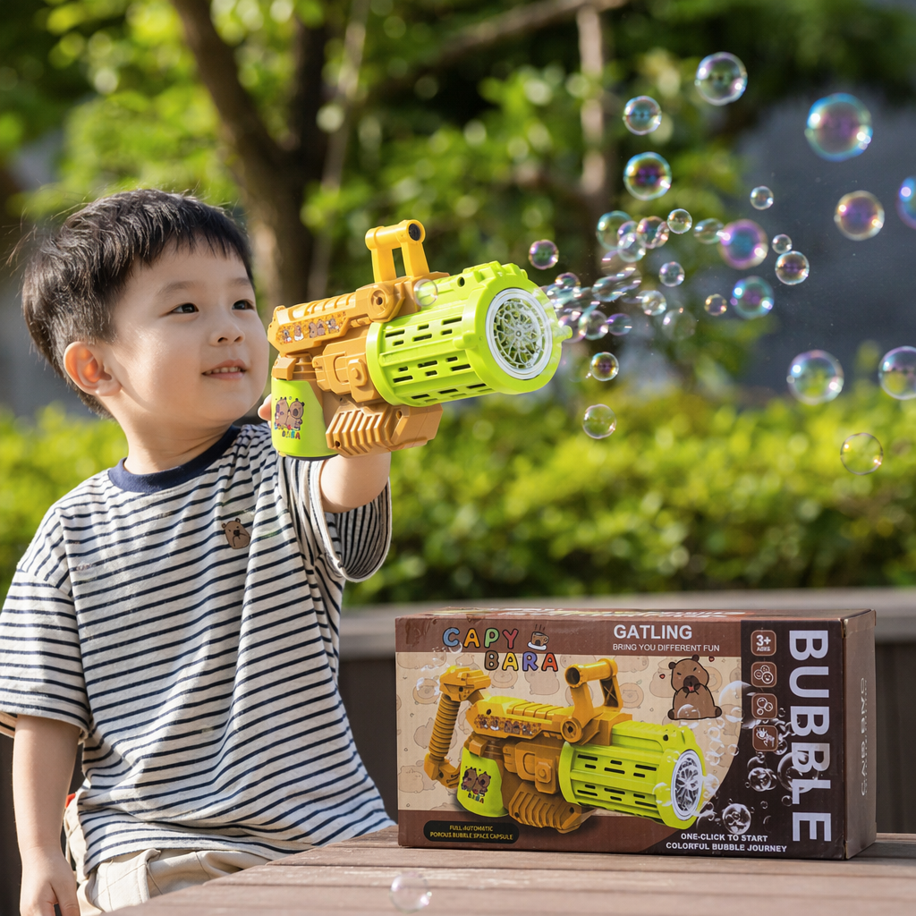 Green and yellow bubble gun toys, children's outdoor water spray bubble machine details Picture