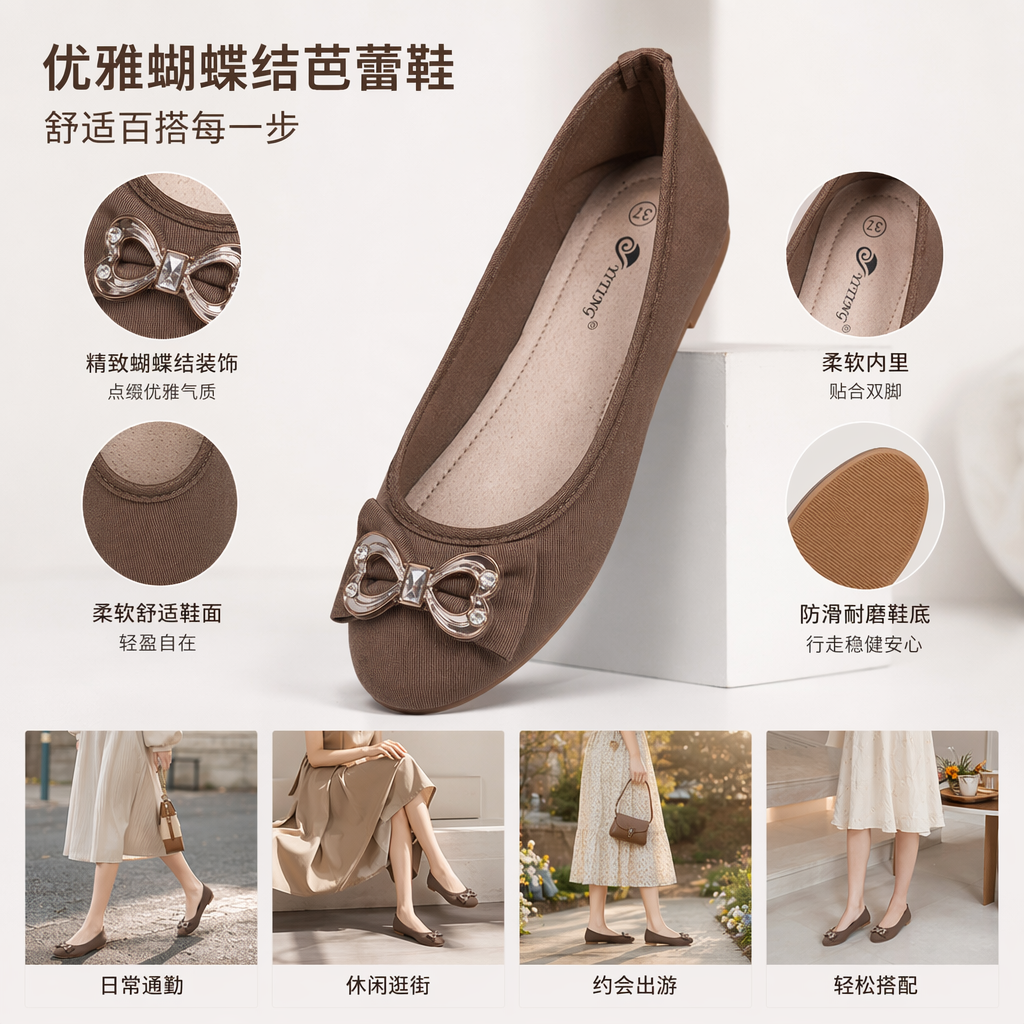Brown bow flat shoes for women, soft soles, anti-slip, versatile and comfortable
