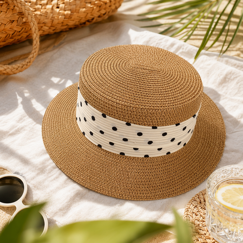Brown straw woven sun protection hat for women, a breathable and casual woven hat for summer Specification image
