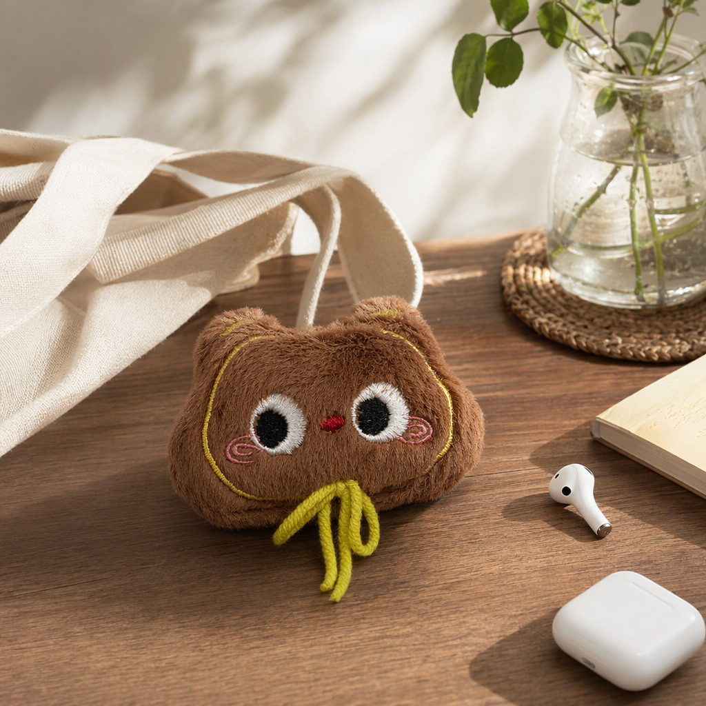 Brown plush cat head pendant, cute and adorable pet home decoration keychain, car hanging accessory details Picture