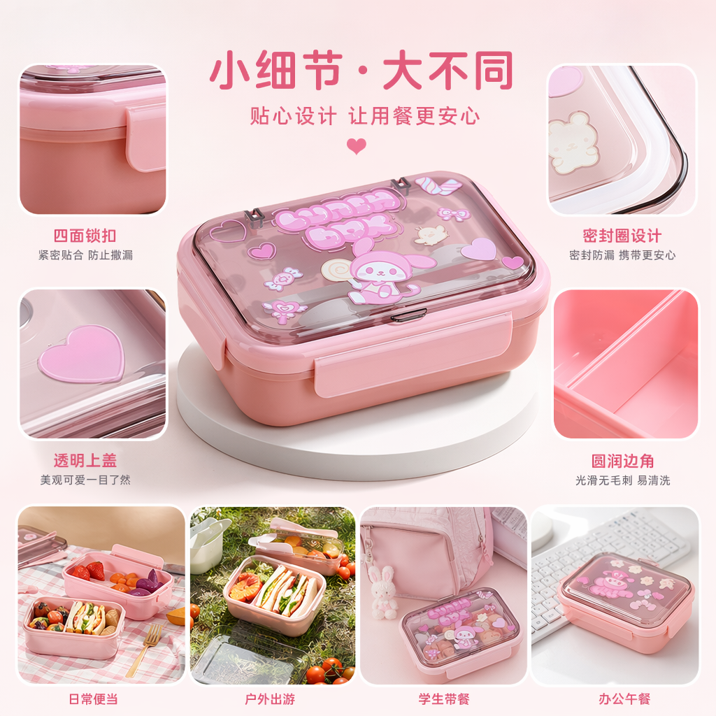 Pink cartoon children's lunch box, portable sealed lunch box, cute and girlish style lunch box