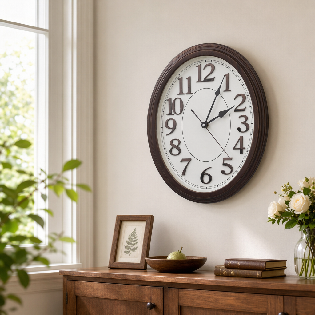 A simple and modern wall-mounted silent clock with a brown wooden frame for the living room and bedroom details Picture