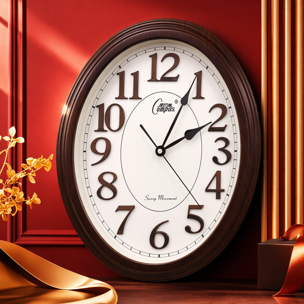 A simple and modern wall-mounted silent clock with a brown wooden frame for the living room and bedroom Specification image