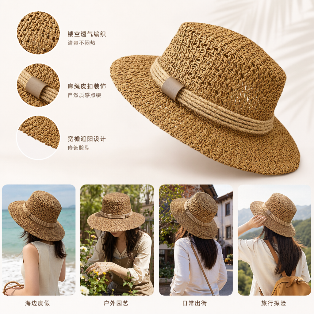 Brown straw woven hat for women, summer sun protection, breathable and casual woven fisherman's hat