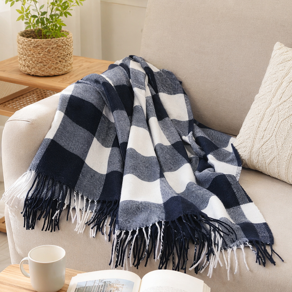 This black and white checkered scarf is made of pure cotton for warmth and is suitable for both men and women in autumn and winter. It is fashionable and versatile details Picture