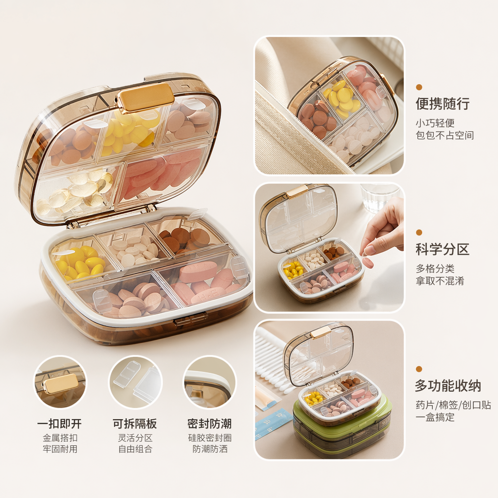 Transparent compartments medicine box, portable household packaging and storage box for dispensing tablets and cotton swabs