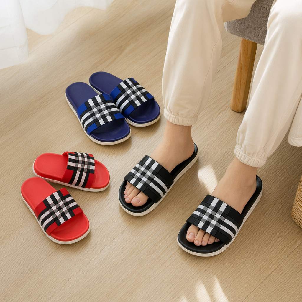 Colorful checkered home slippers for both men and women, comfortable and anti-slip soft soles details Picture