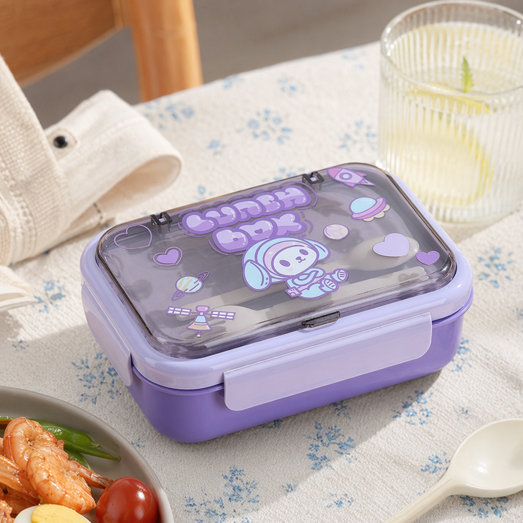 Purple cartoon children's lunch box, portable sealed lunch box, household student lunch box details Picture