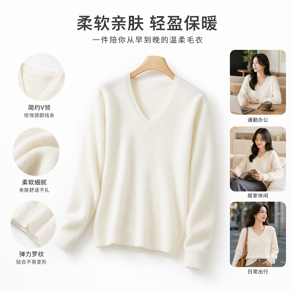 Beige V-neck laid-back style sweater, a versatile women's knitted sweater for autumn and winter