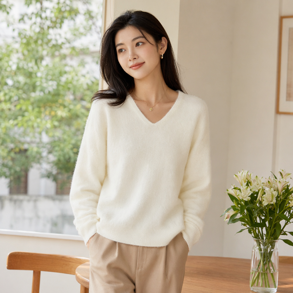 Beige V-neck laid-back style sweater, a versatile women's knitted sweater for autumn and winter details Picture