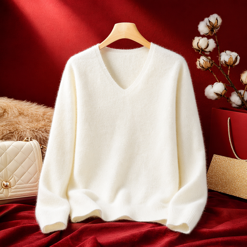Beige V-neck laid-back style sweater, a versatile women's knitted sweater for autumn and winter Specification image