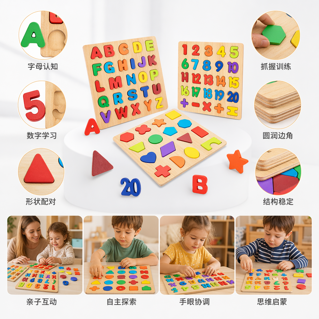 彩色木质字母数字形状拼图板益智早教玩具儿童启蒙认知