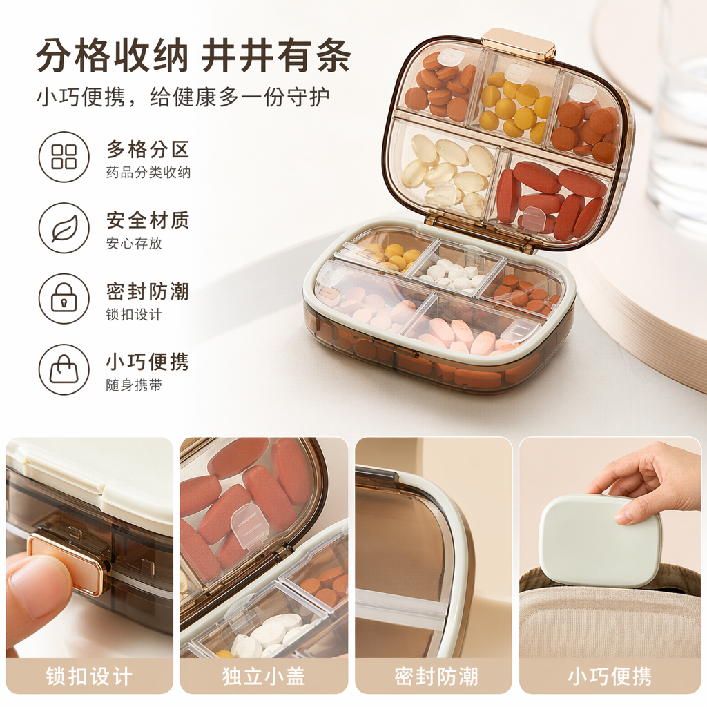 The white transparent compartmented portable medicine box with a hand-held lid is convenient for opening and carrying medicine around