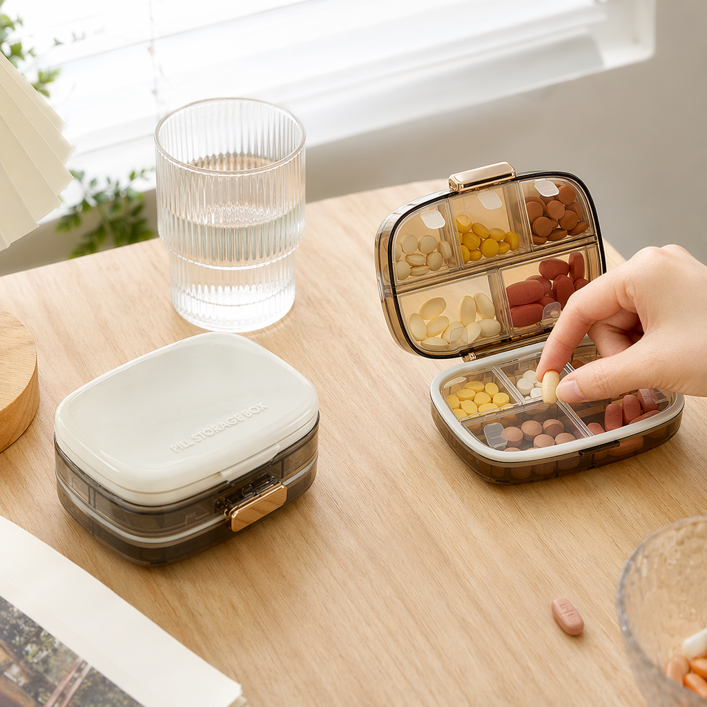 The white transparent compartmented portable medicine box with a hand-held lid is convenient for opening and carrying medicine around details Picture