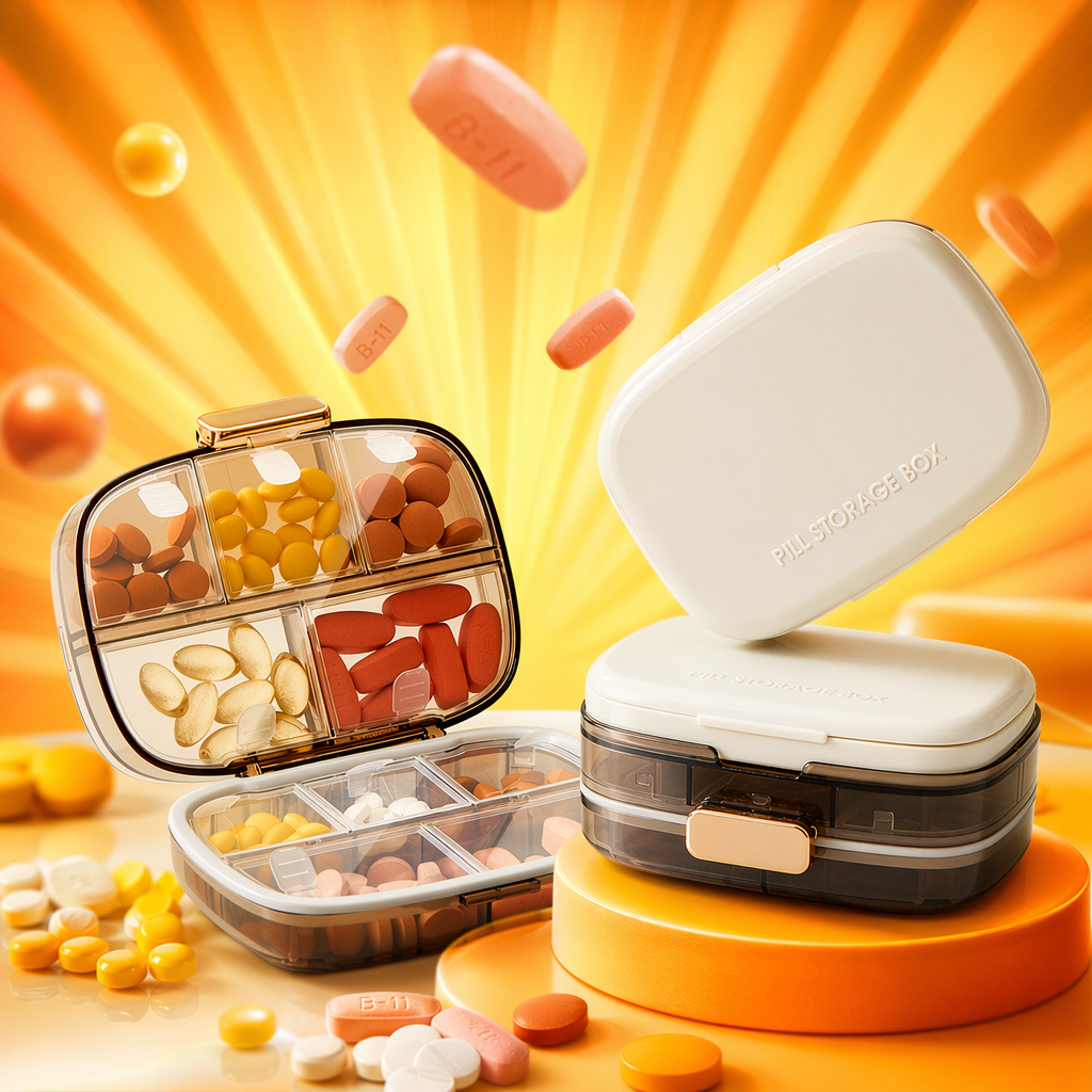 The white transparent compartmented portable medicine box with a hand-held lid is convenient for opening and carrying medicine around Specification image